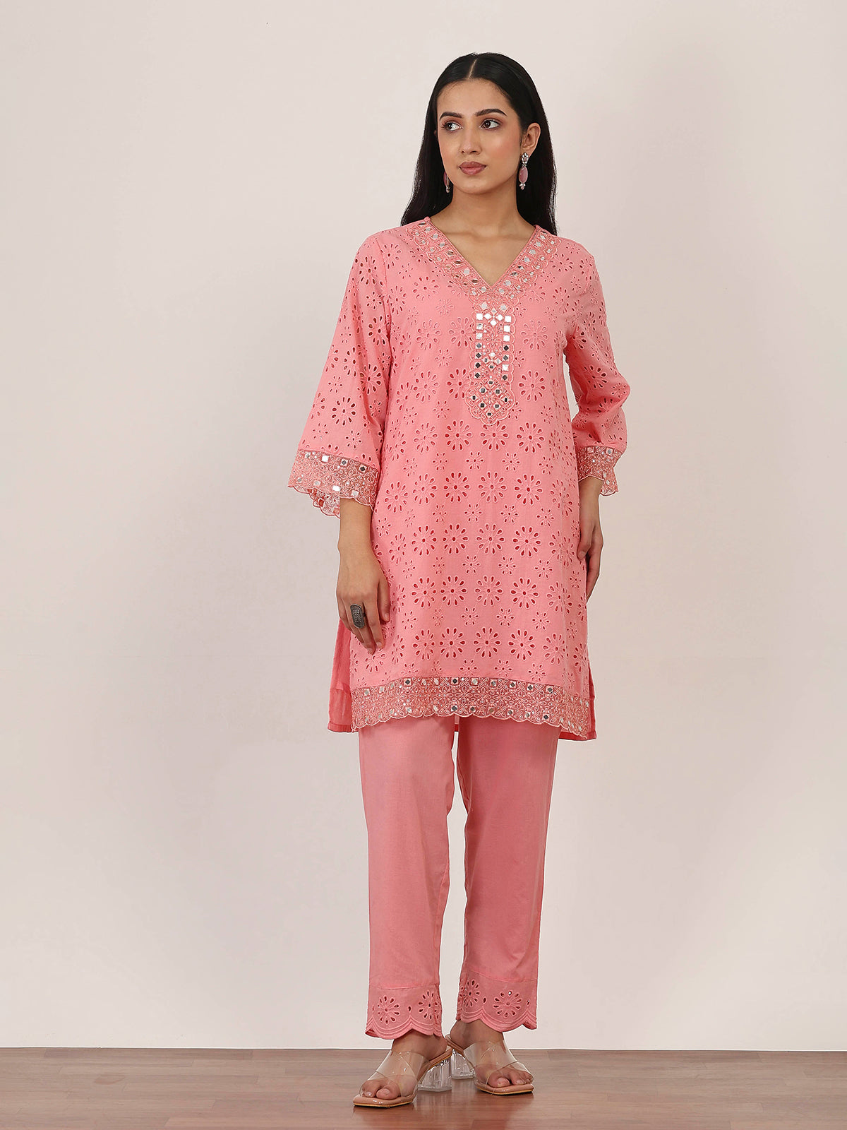 Pink cotton kurti set with embroidery and aabla work