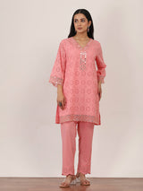 Pink cotton kurti set with embroidery and aabla work