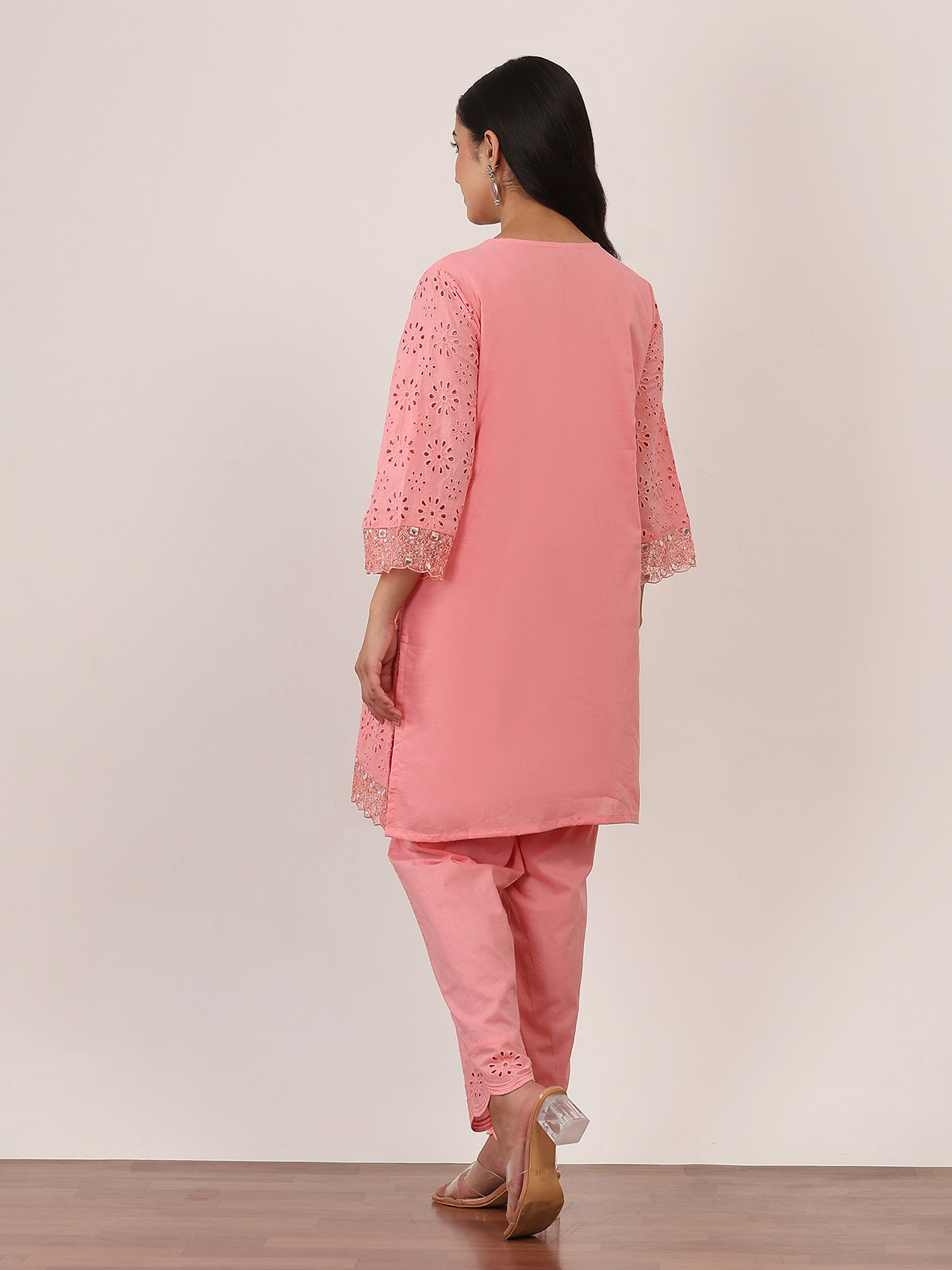 Pink cotton kurti set with embroidery and aabla work