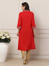 Red cotton silk straight cut kurti for casual elegance