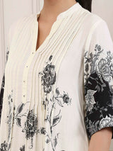 Off white and black shaded floral linen kurti for casual wear