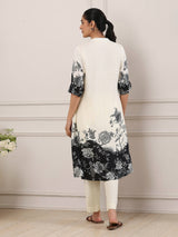 Off white and black shaded floral linen kurti for casual wear