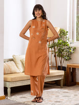 Dark peach cotton linen sleeveless kurti set