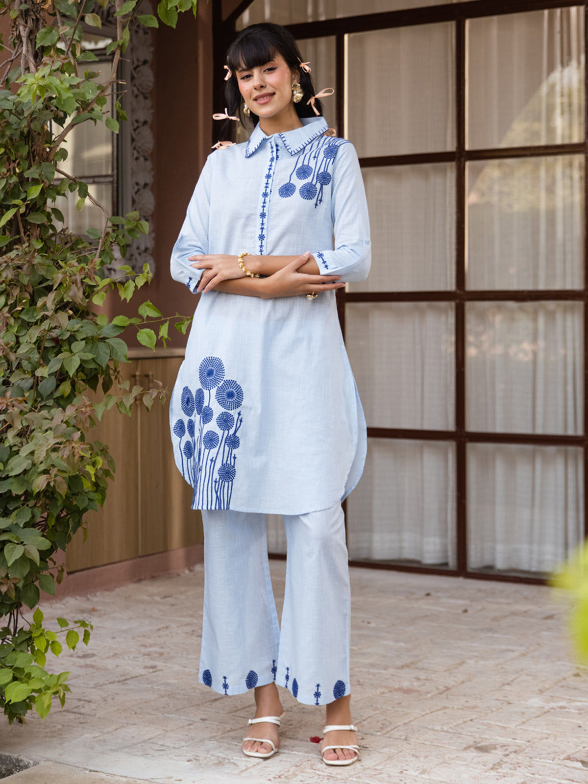 Mint blue cotton linen kurti set with blue embroidery