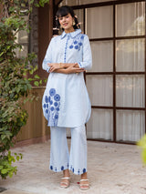 Mint blue cotton linen kurti set with blue embroidery
