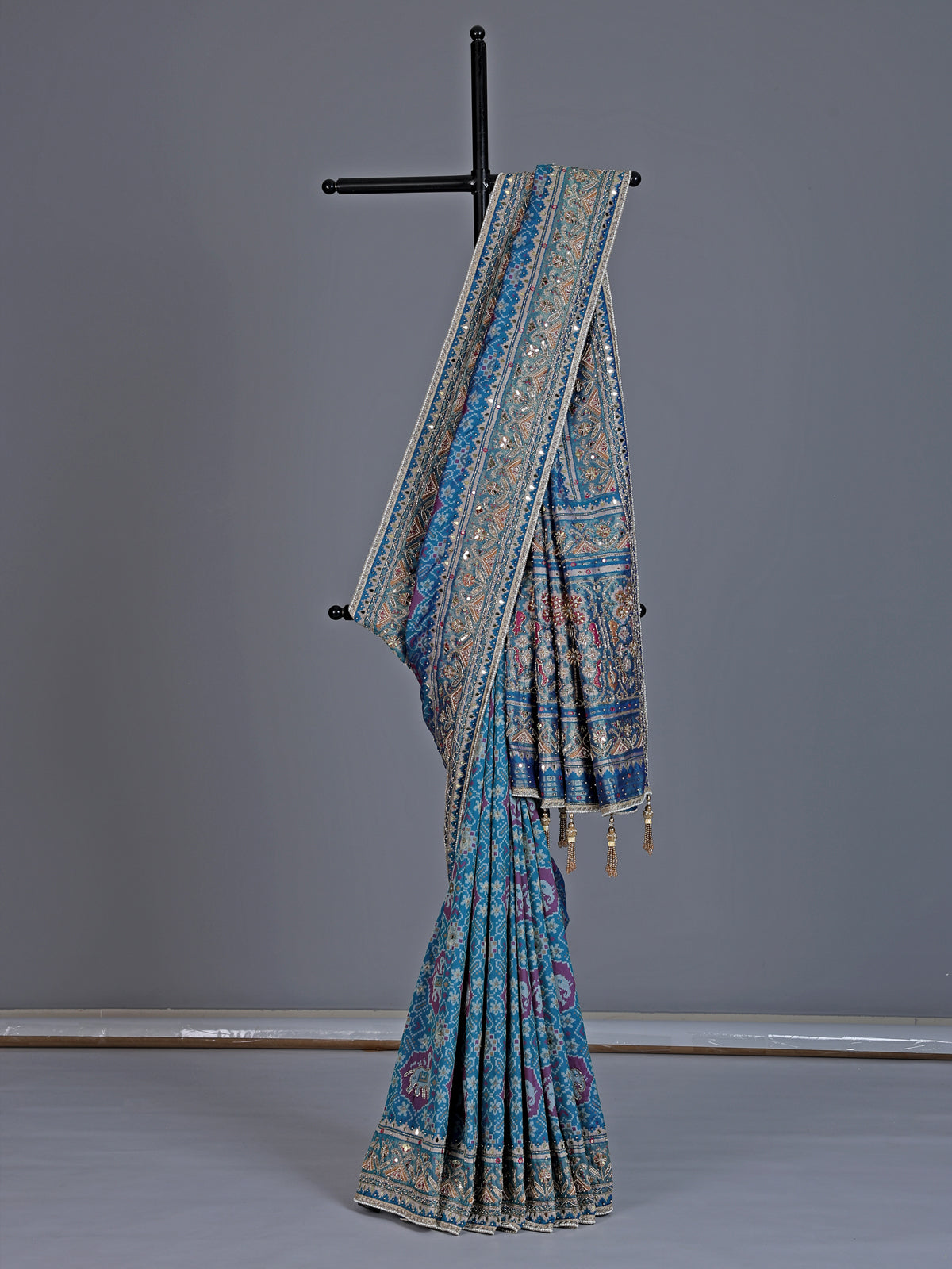 Blue art patola silk saree with elephant motif elegance