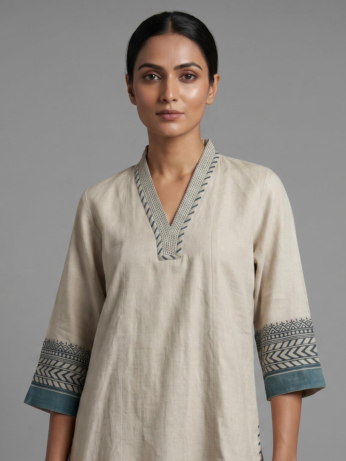 Beige cotton linen straight cut kurti set