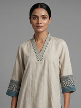 Beige cotton linen straight cut kurti set