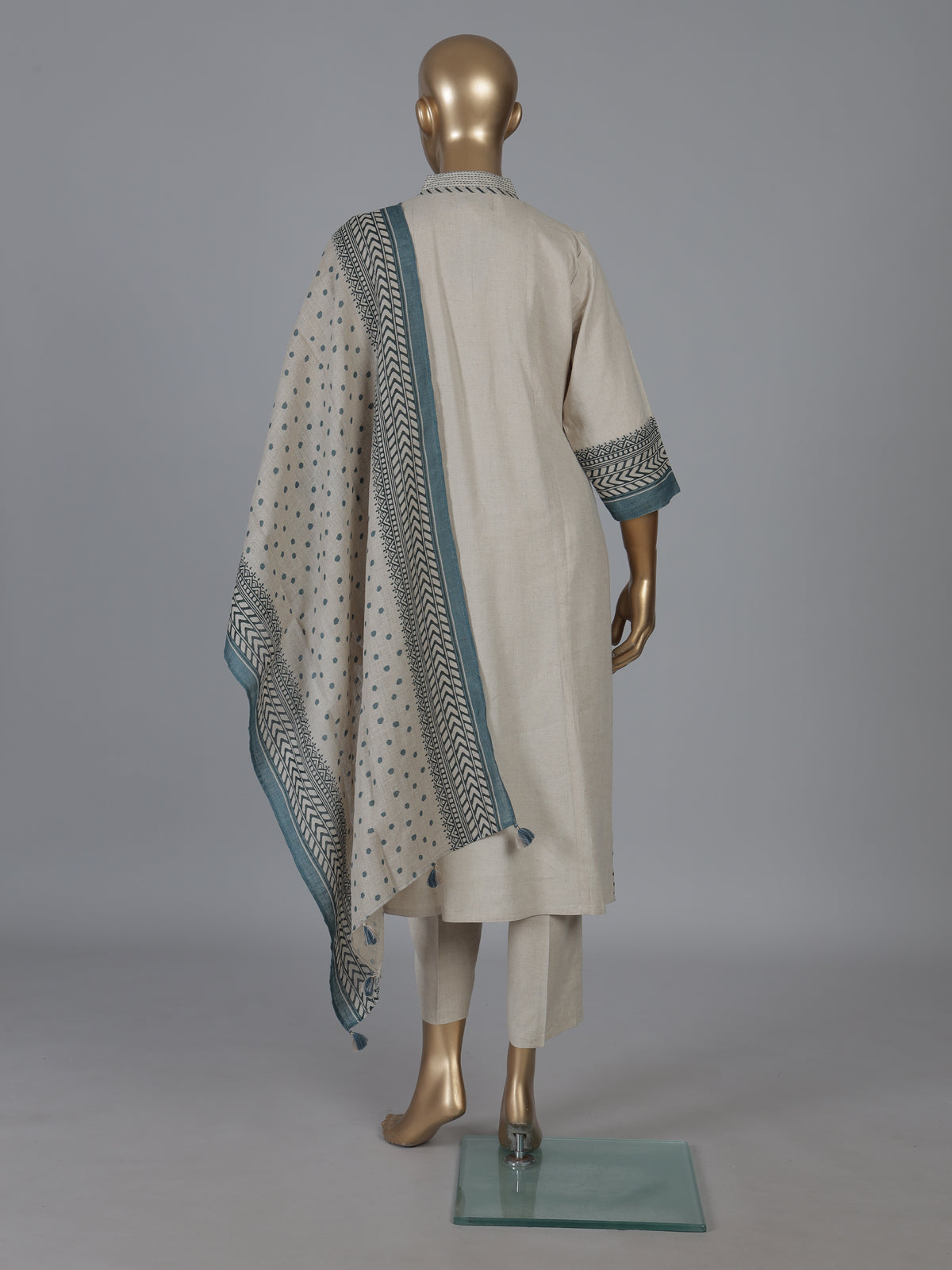 Beige cotton linen straight cut kurti set