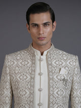 Cream raw silk embroidered indowestern