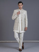 Cream raw silk embroidered indowestern