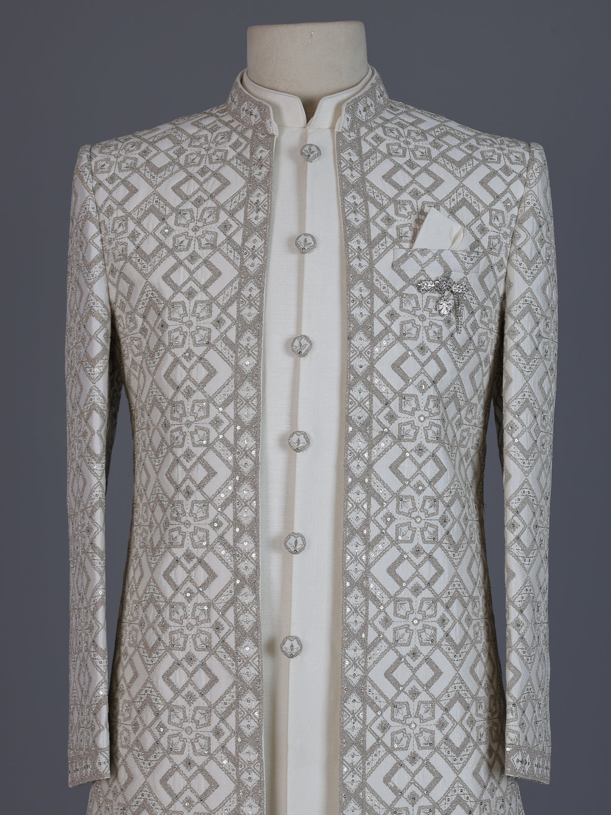 Cream raw silk embroidered indowestern