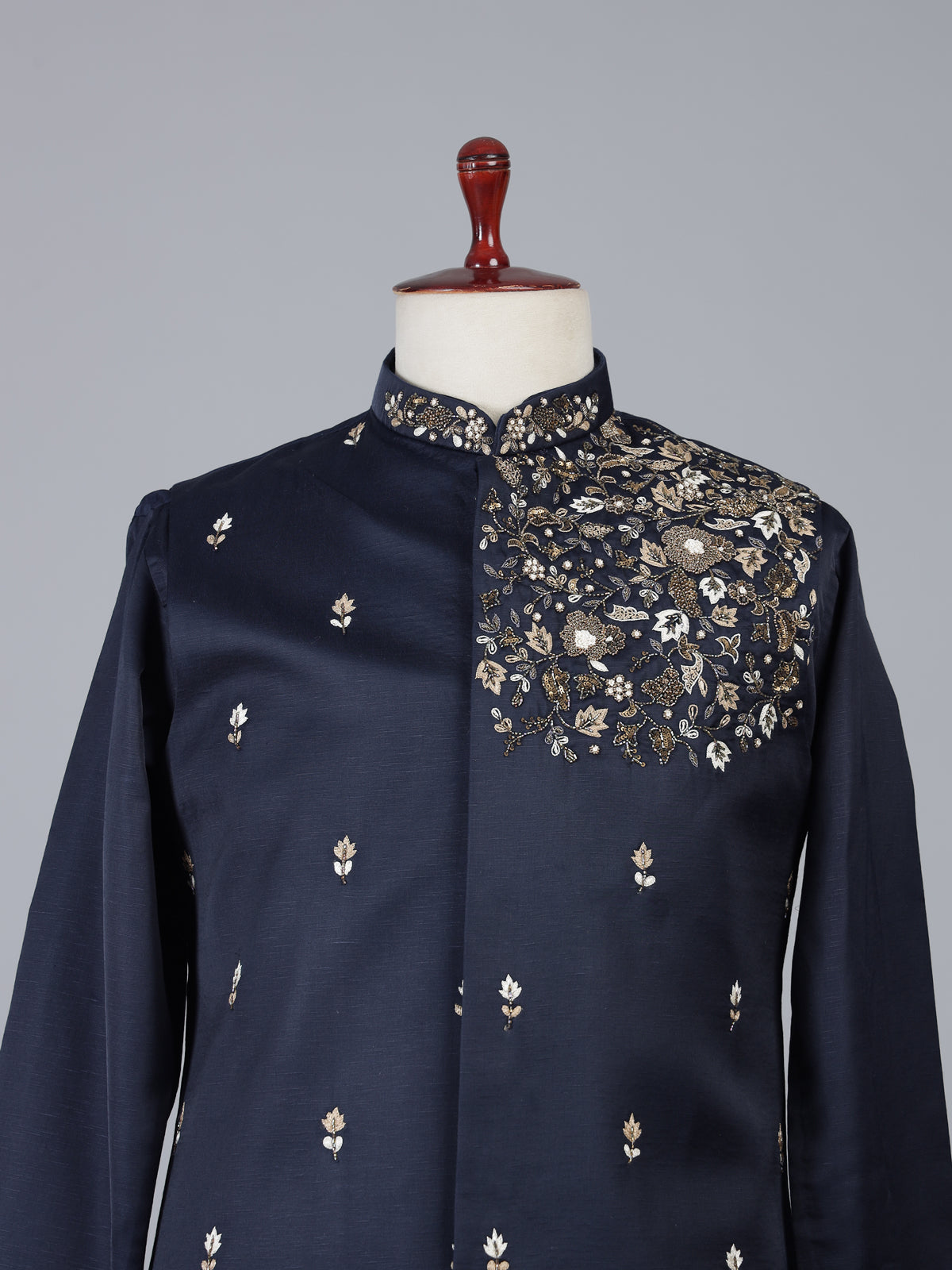 Navy linen waistcoat set with chinese collar design