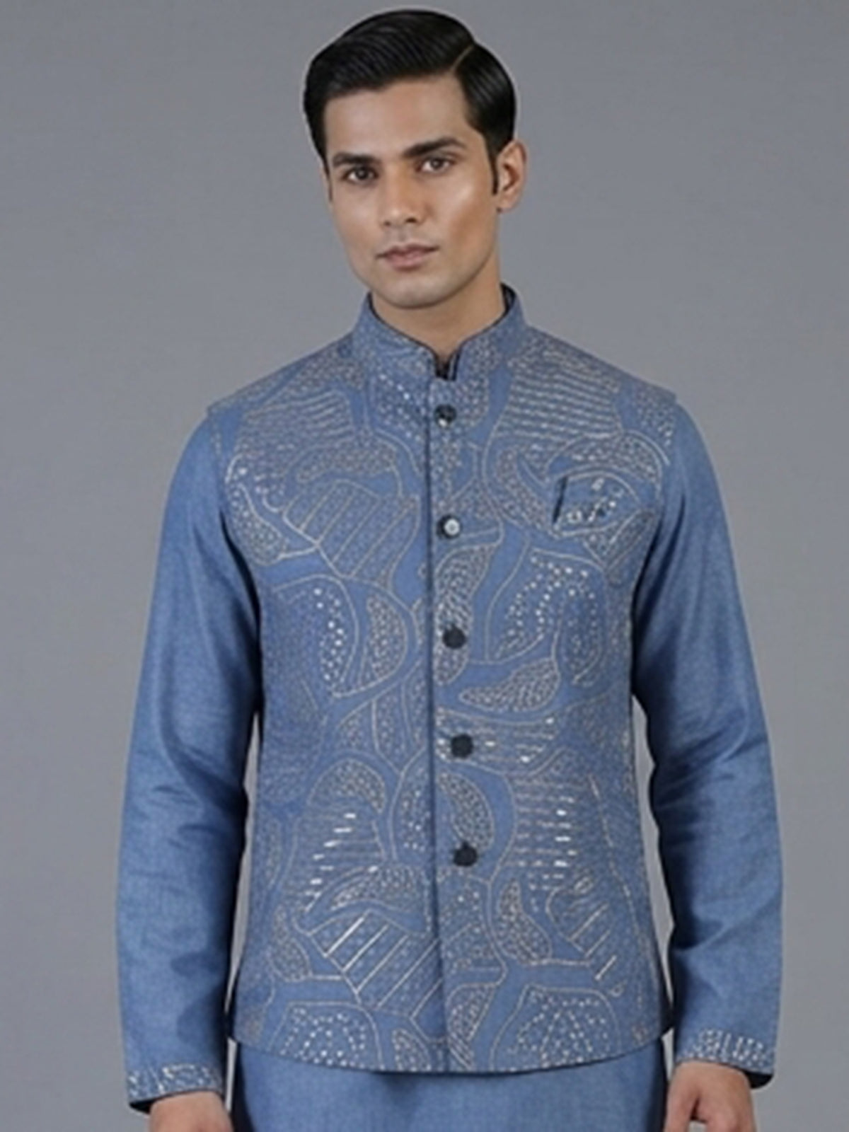 Blue linen waistcoat set with chinese collar