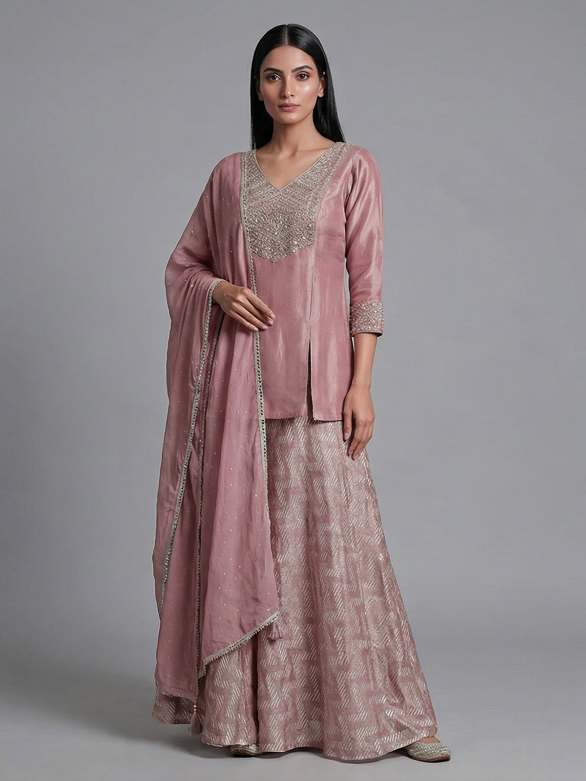 Onion pink silk yoke style festive palazzo suit