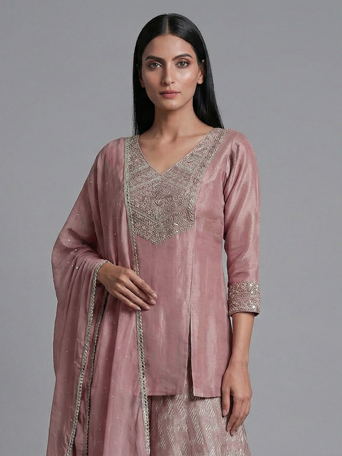 Onion pink silk yoke style festive palazzo suit