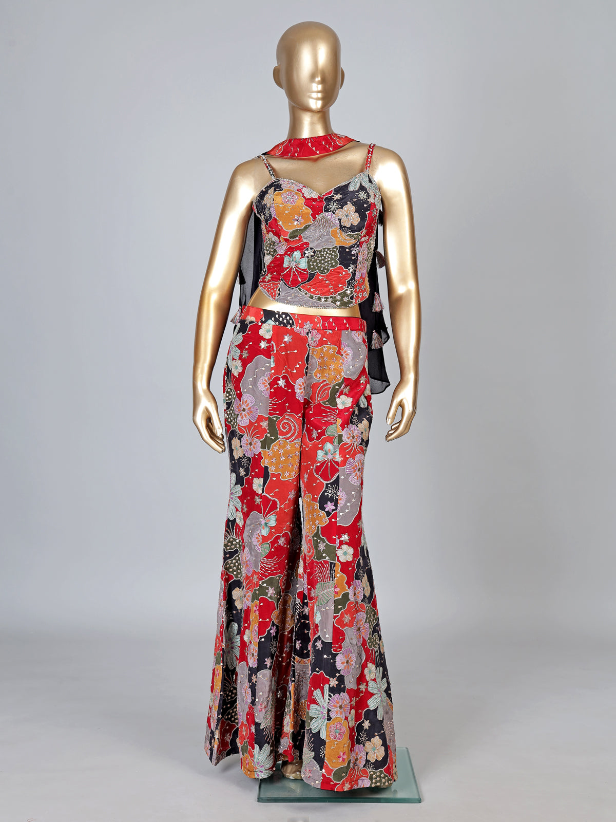 Multicolor satin silk palazzo suit with printed elegance