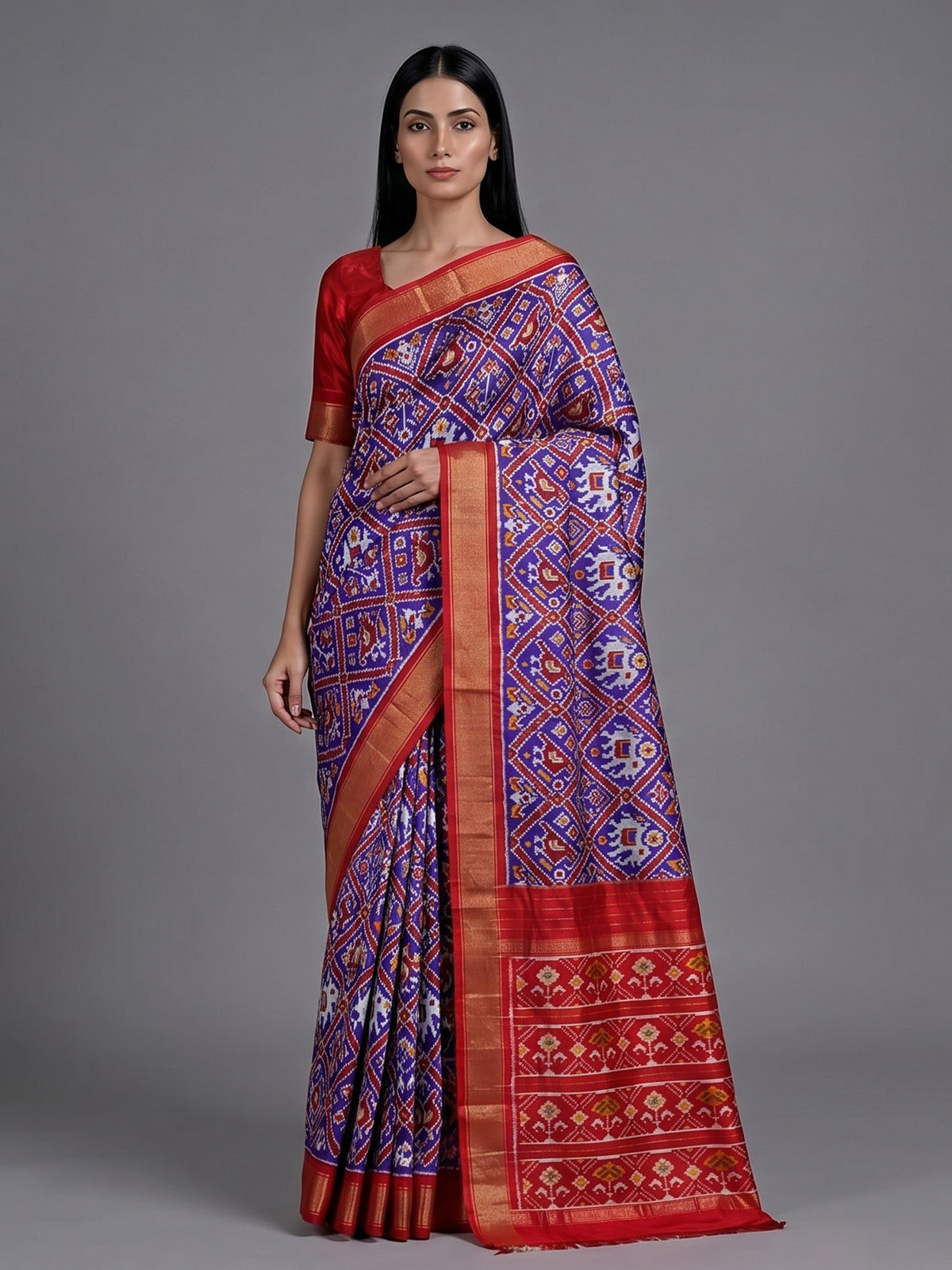 Purple patola silk saree with contrast zari border