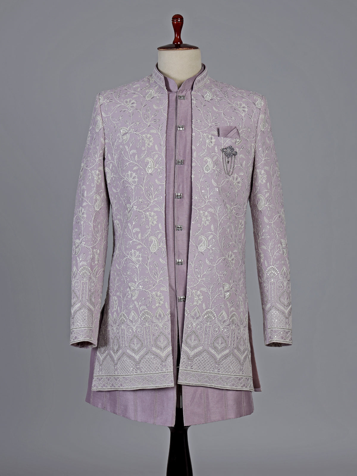 Lilac purple silk indowestern set with brooch detail