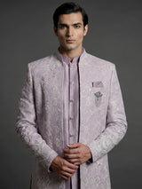 Lilac purple silk indowestern set with brooch detail