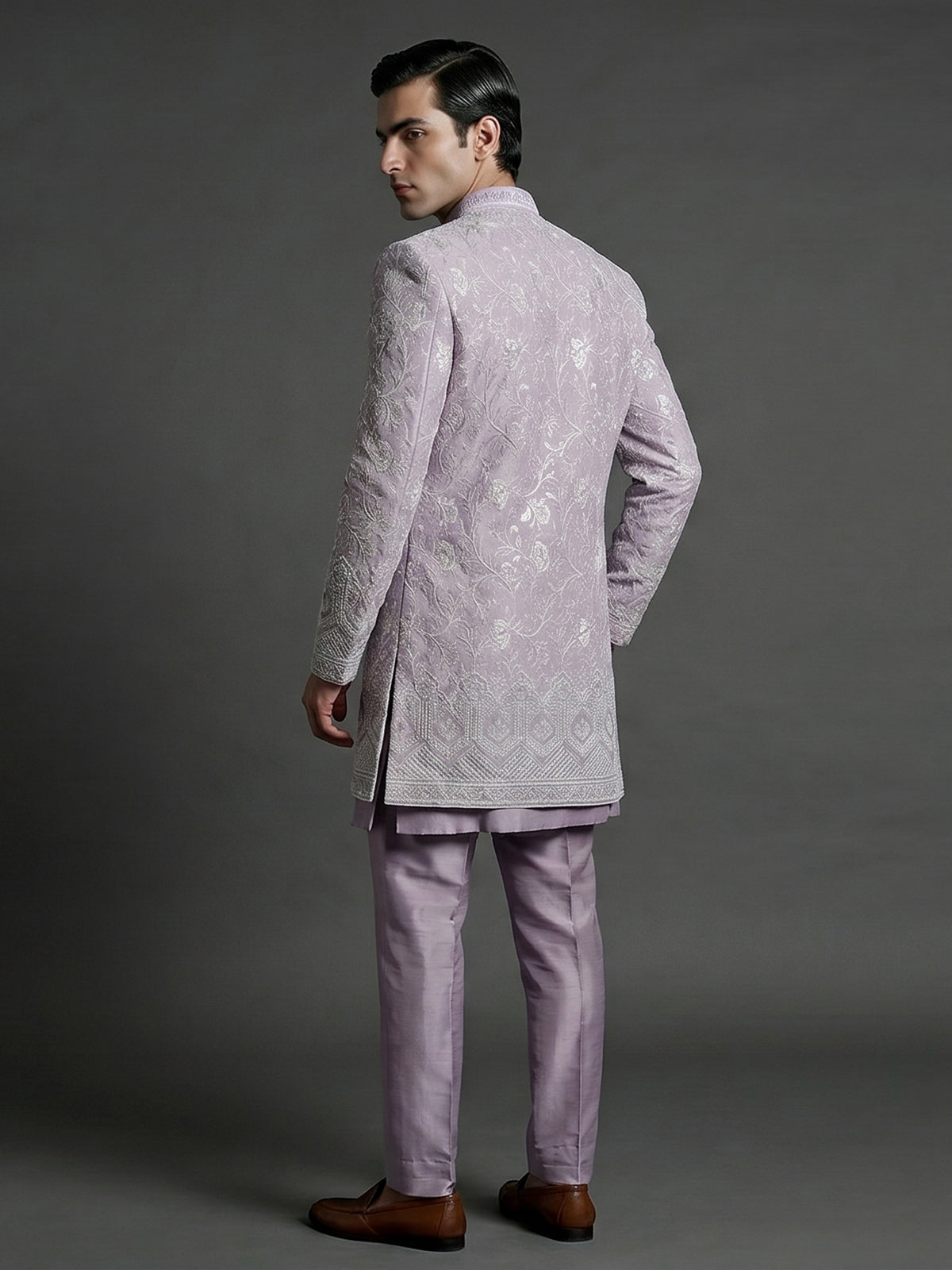 Lilac purple silk indowestern set with brooch detail
