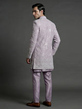 Lilac purple silk indowestern set with brooch detail