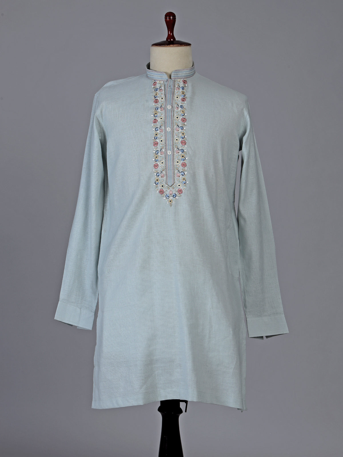 Light grey cotton linen kurta with embroidered yoke