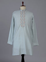 Light grey cotton linen kurta with embroidered yoke