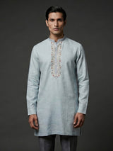 Light grey cotton linen kurta with embroidered yoke