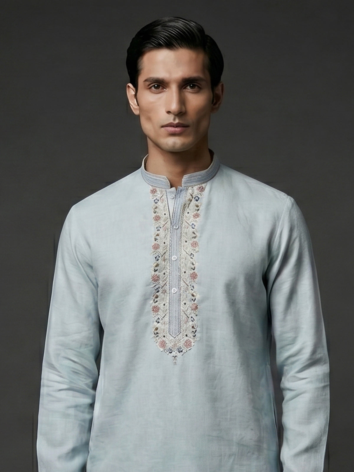 Light grey cotton linen kurta with embroidered yoke