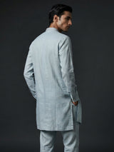 Light grey cotton linen kurta with embroidered yoke