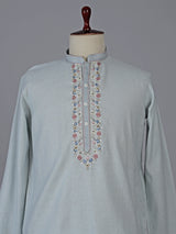 Light grey cotton linen kurta with embroidered yoke