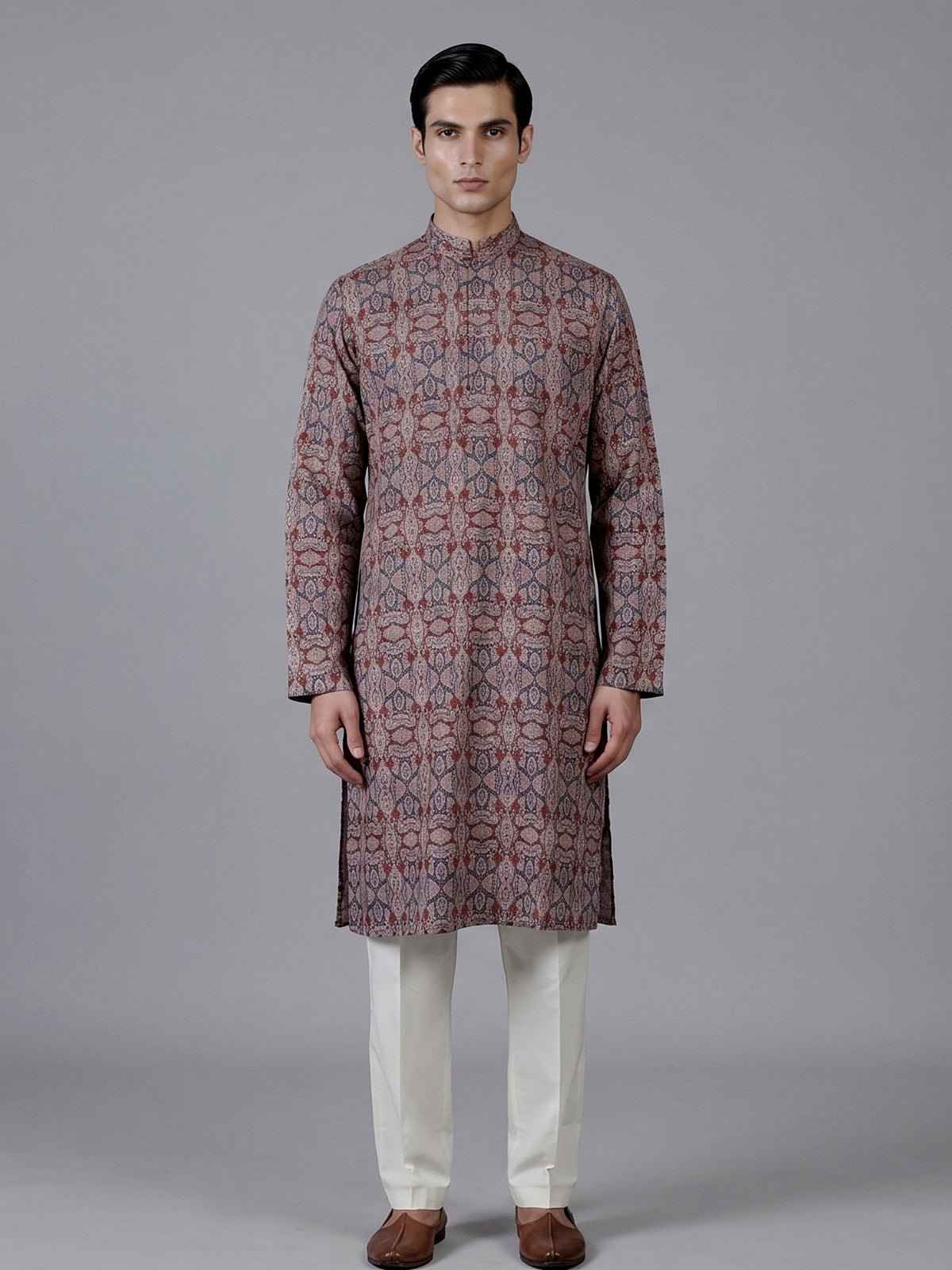 Brown and grey printed silk kurta suiit with mandarin collar