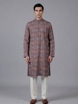 Brown and grey printed silk kurta suiit with mandarin collar