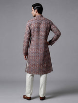 Brown and grey printed silk kurta suiit with mandarin collar