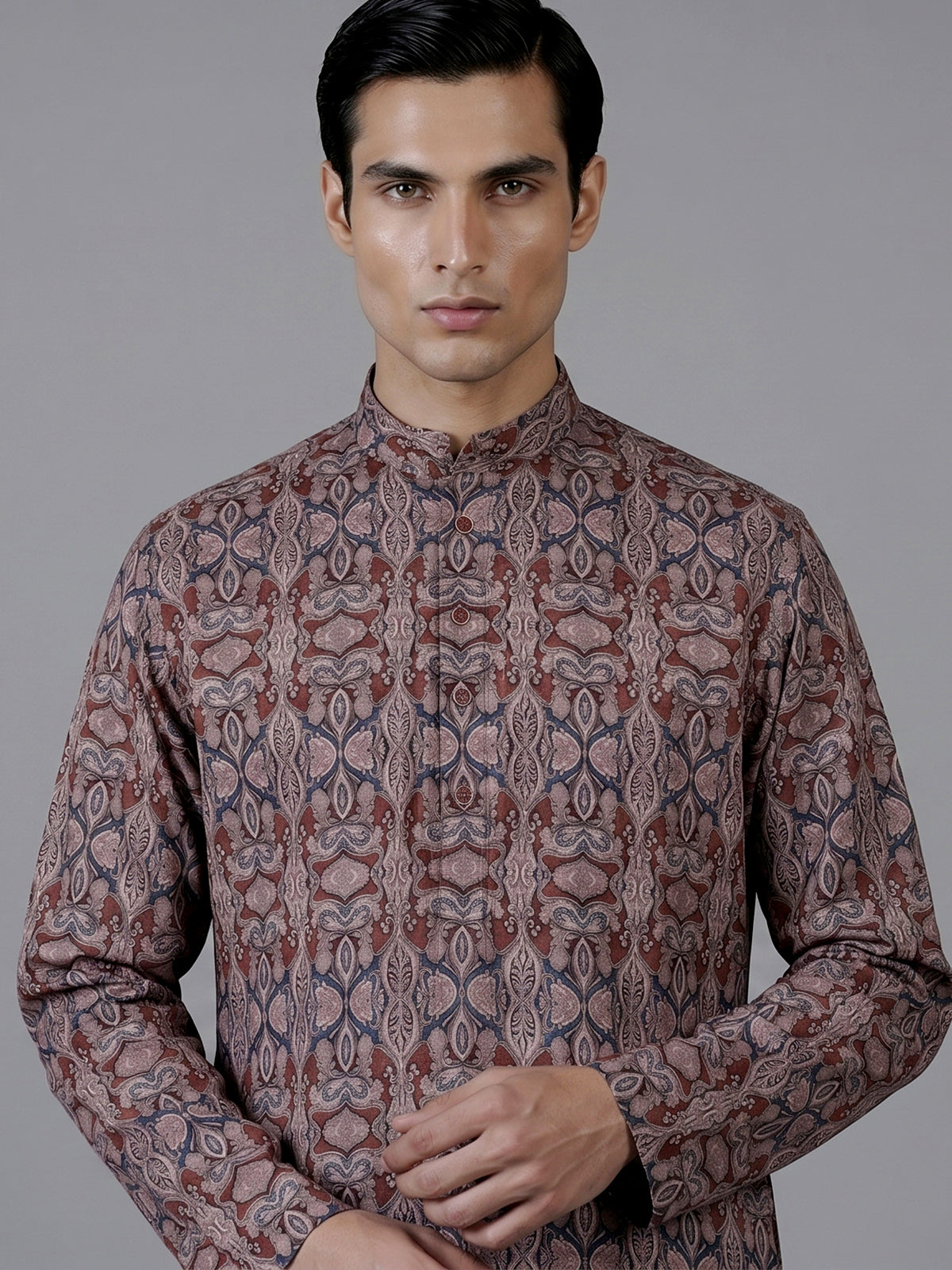 Brown and grey printed silk kurta suiit with mandarin collar