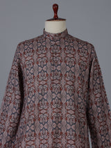 Brown and grey printed silk kurta suiit with mandarin collar