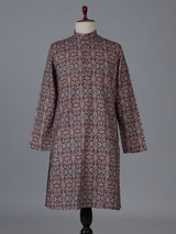 Brown and grey printed silk kurta suiit with mandarin collar