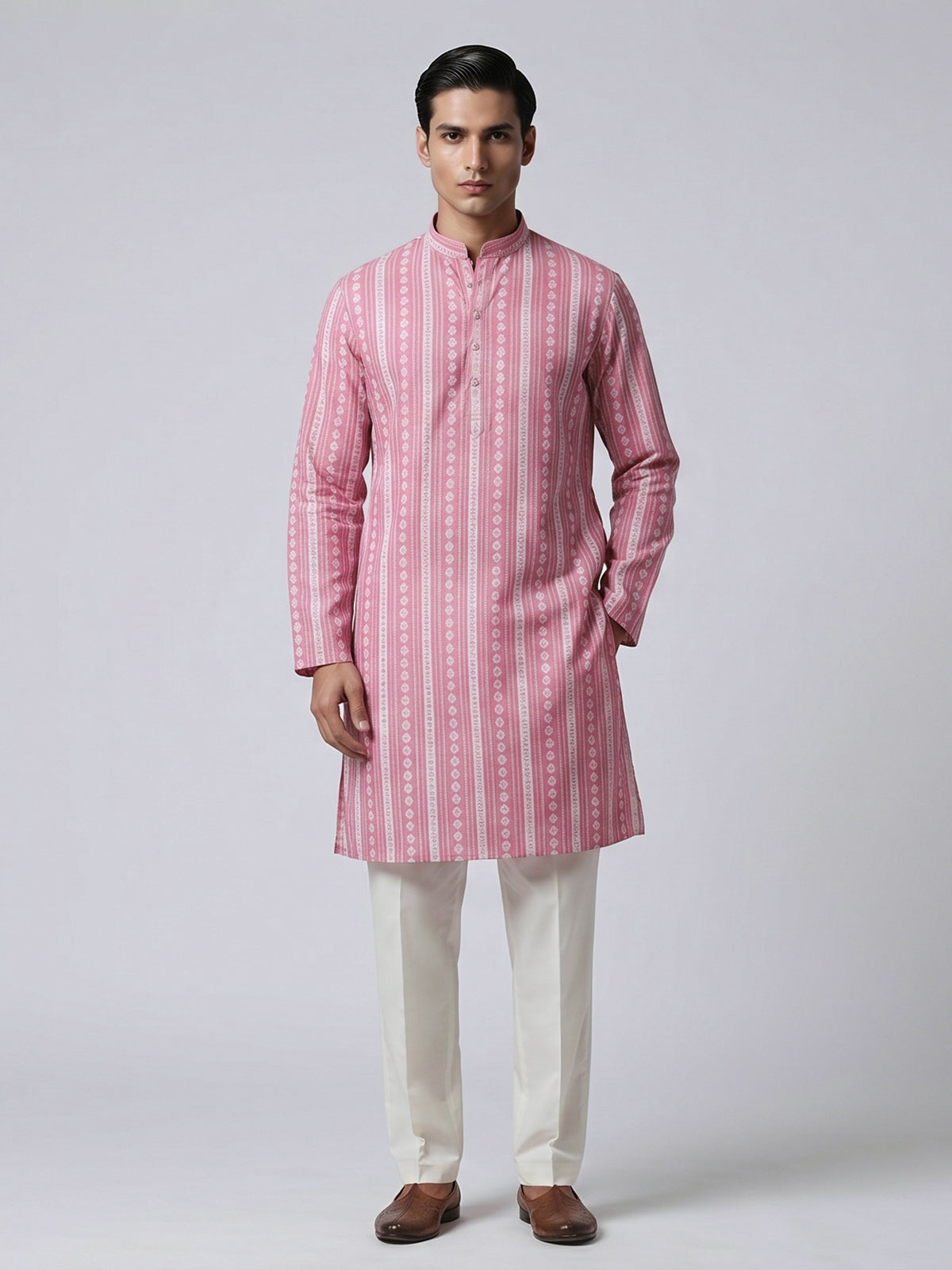 Pink cotton silk printed kurta suiit for festive wear