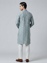Light blue cotton silk kurta suiit with prints