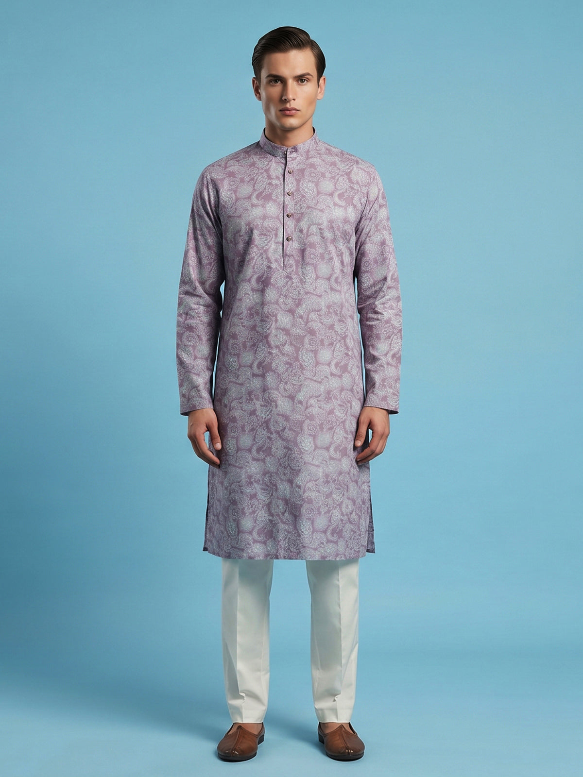 Lavender cotton linen printed kurta suiit