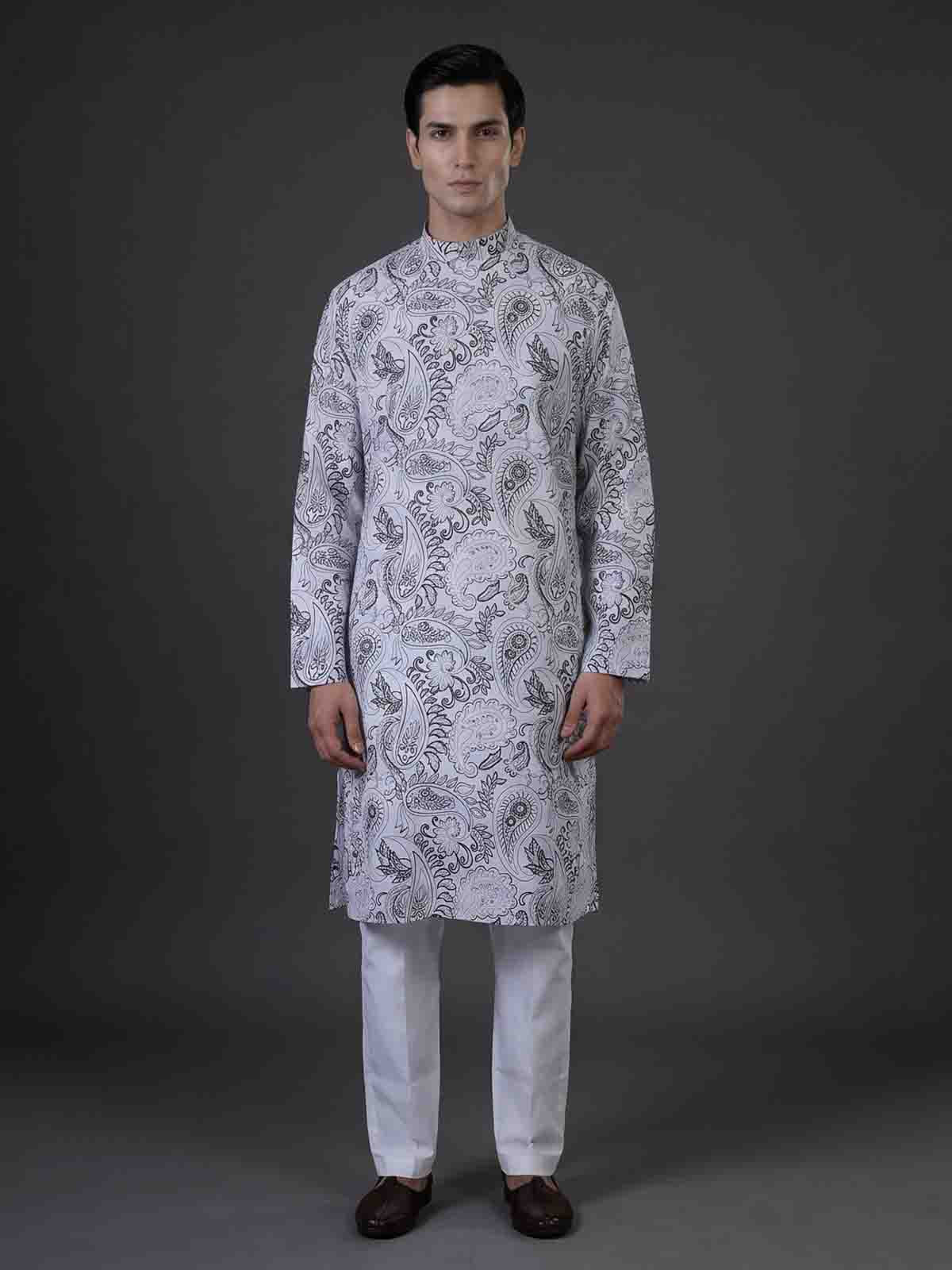 White floral cotton linen kurta suiit with mandarin collar