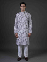 White floral cotton linen kurta suiit with mandarin collar