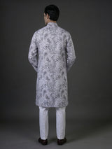 White floral cotton linen kurta suiit with mandarin collar