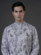 White floral cotton linen kurta suiit with mandarin collar