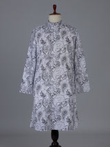 White floral cotton linen kurta suiit with mandarin collar
