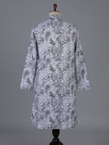 White floral cotton linen kurta suiit with mandarin collar