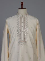 Cream silk kurta suiit with aabla and embroidery work