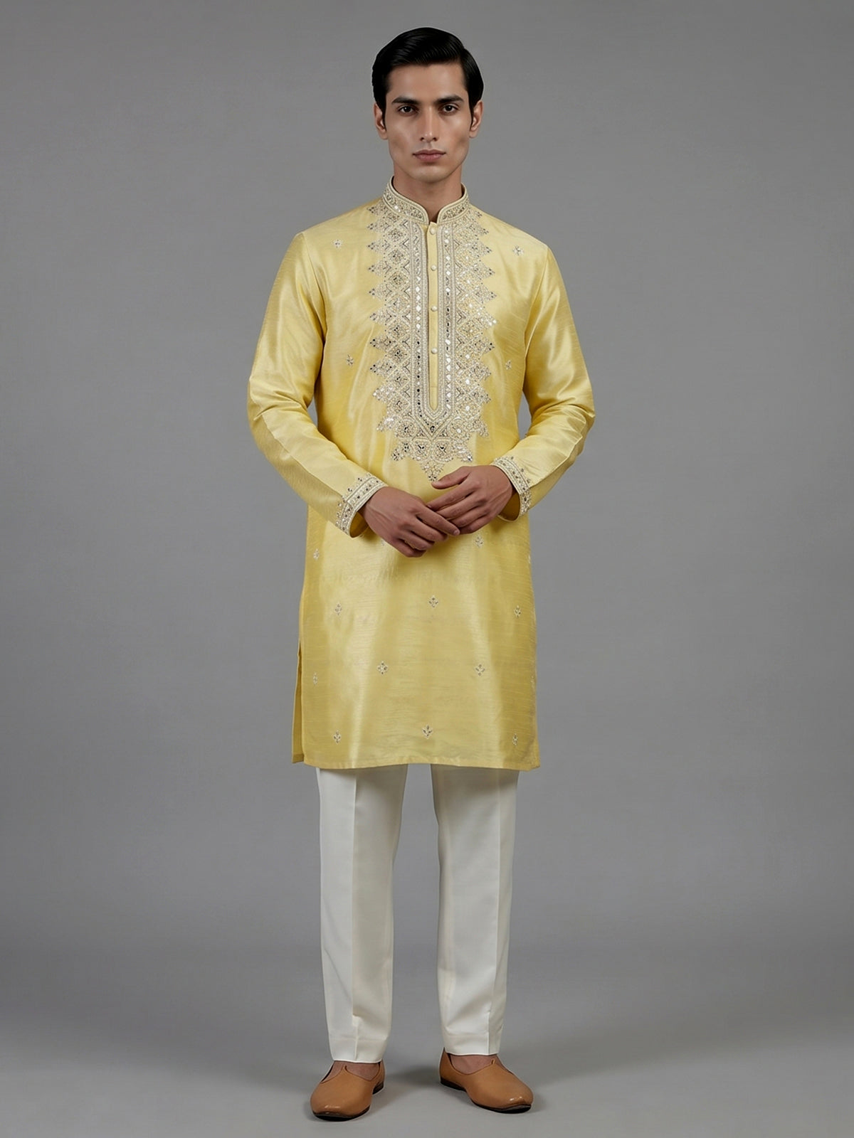 Yellow silk kurta suiit with aabla and embroidery design