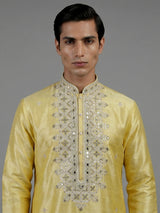 Yellow silk kurta suiit with aabla and embroidery design